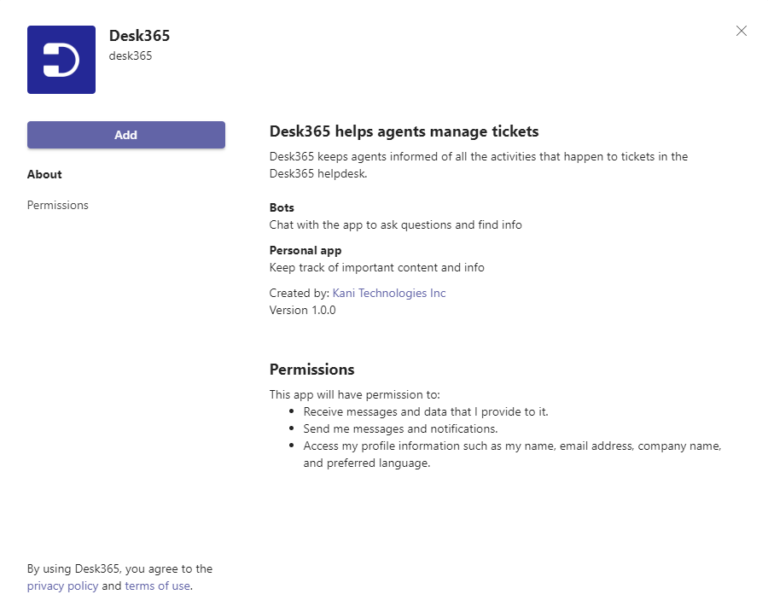 Add Desk365 agent bot to yours Teams instance