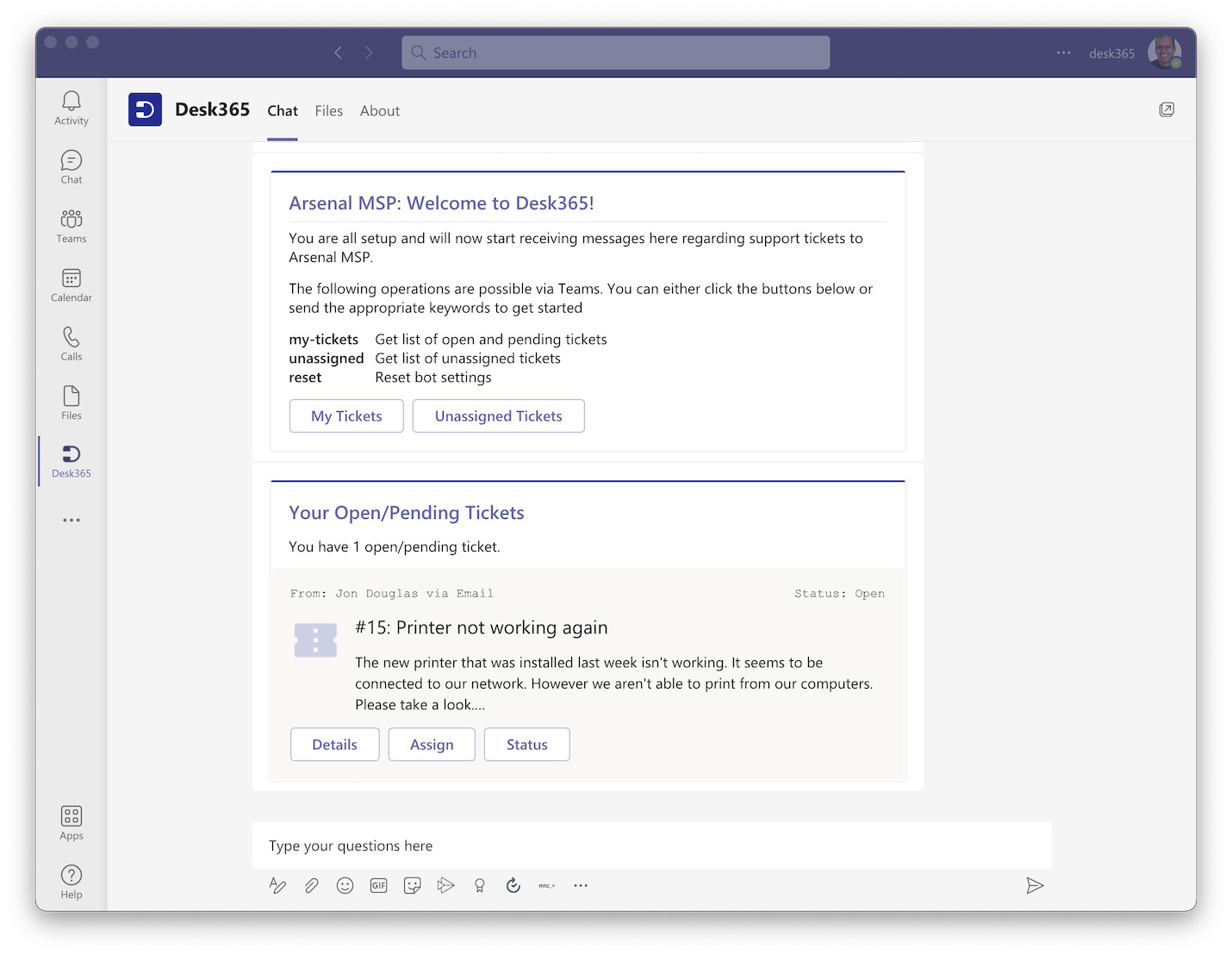 Microsoft Teams Ticketing Bot for Agents