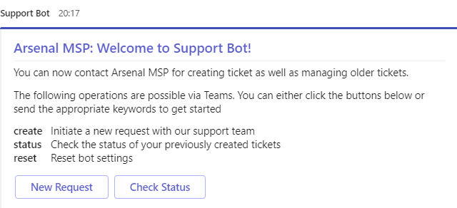 welcome message in support bot