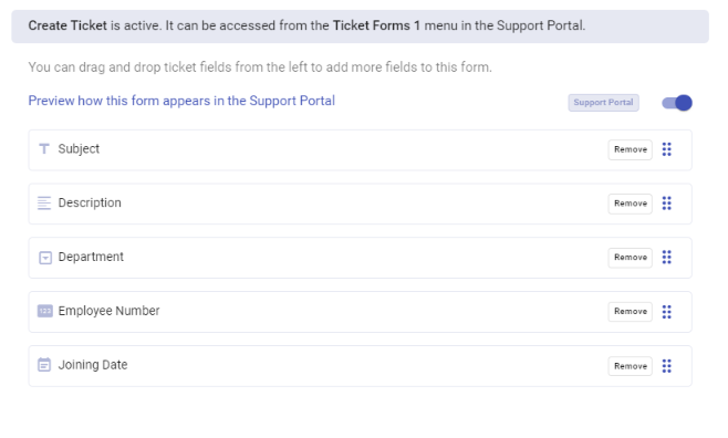 create ticket form with all modified ticket fields