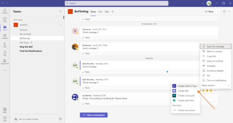 create tickets in Teams