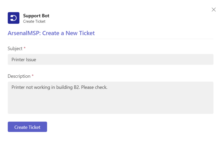 create a new ticket in support bot