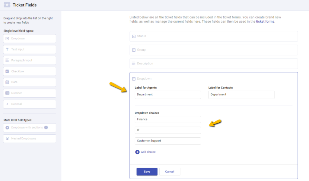 creating a department dropdown custom field