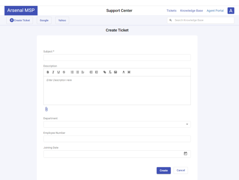 support portal create ticket form