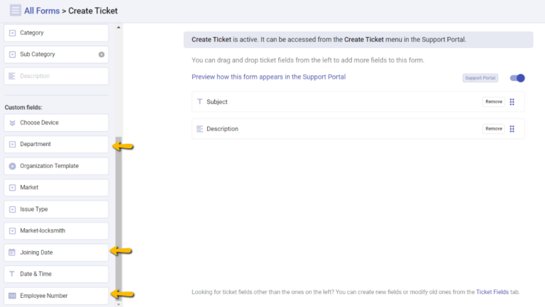modifying default ticket forms in the support-portal