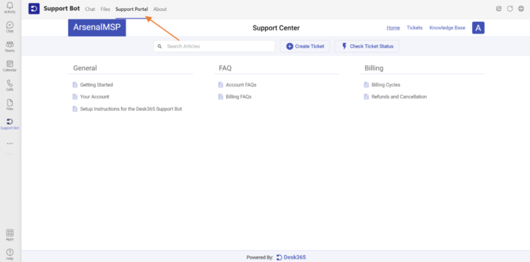 support portal tab in Teams