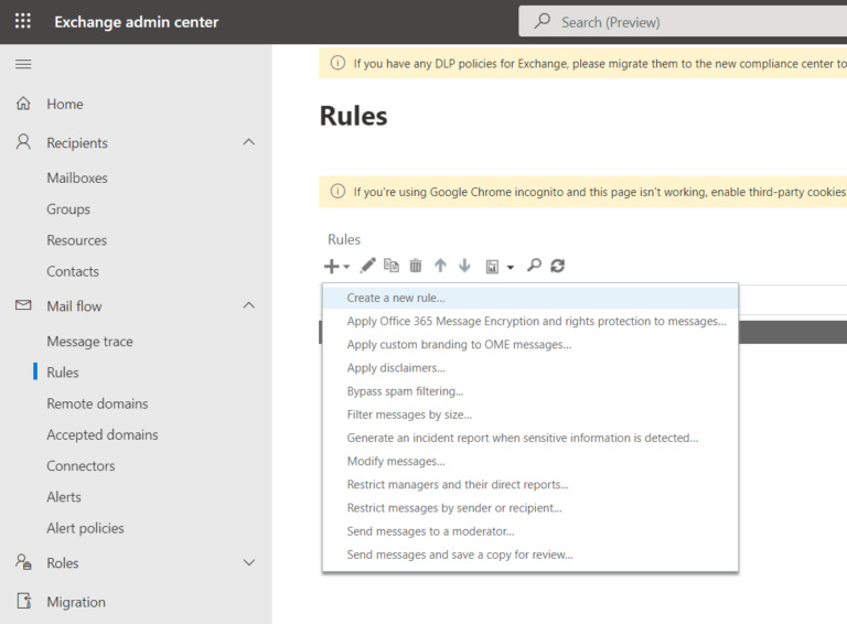 create a new rule in Office 365 exchange admin center