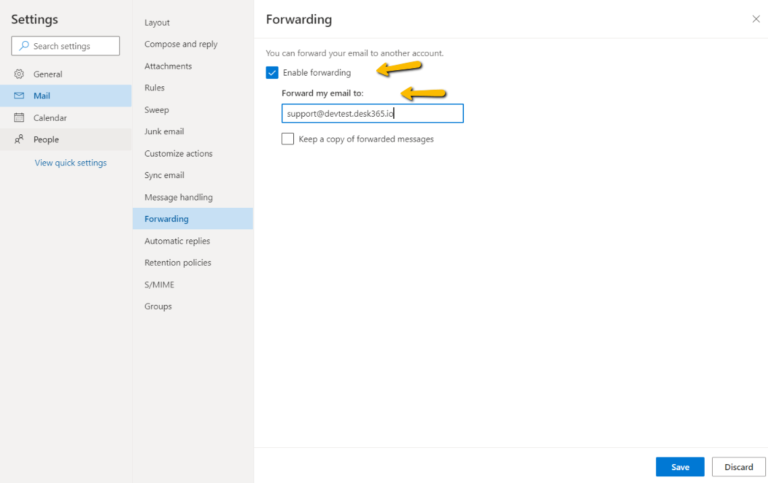 setting up email forwarding rule in Office 365 email