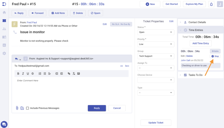 running timer in ticket details
