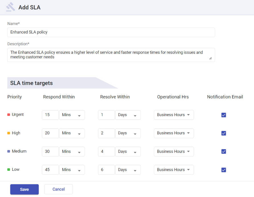 creating a new SLA policy in Desk365