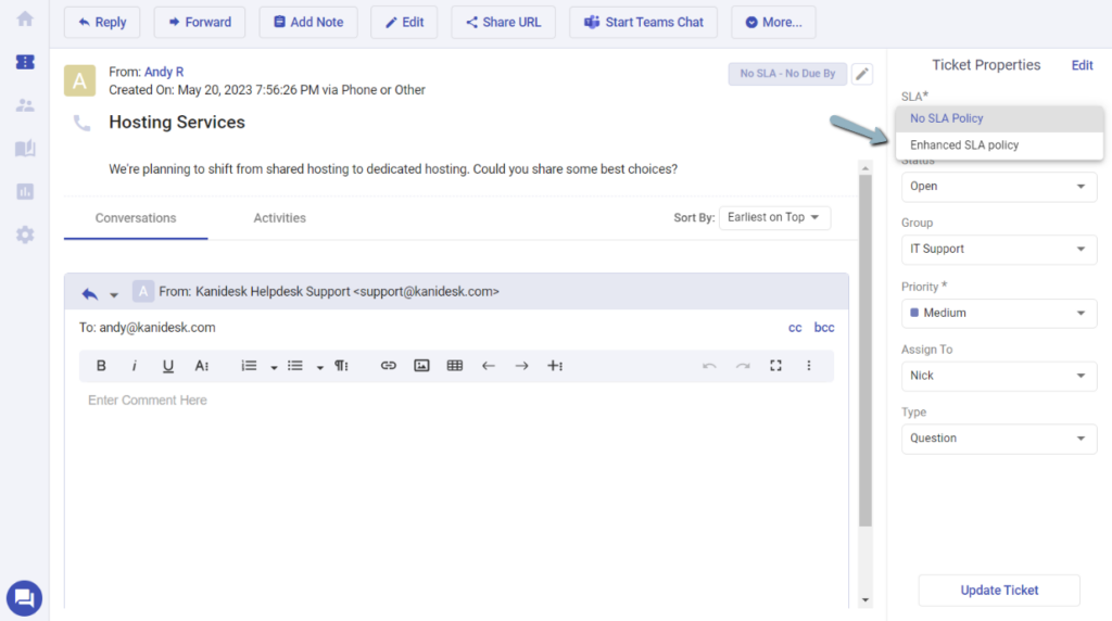 enhanced sla policy appears in the ticket properties menu