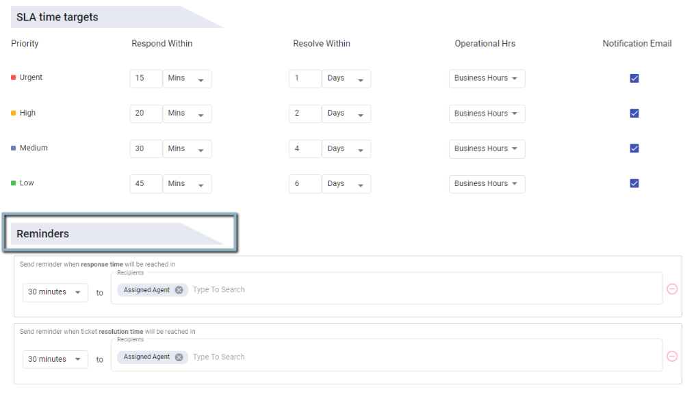 setting up remainders for a SLA policy in Desk365
