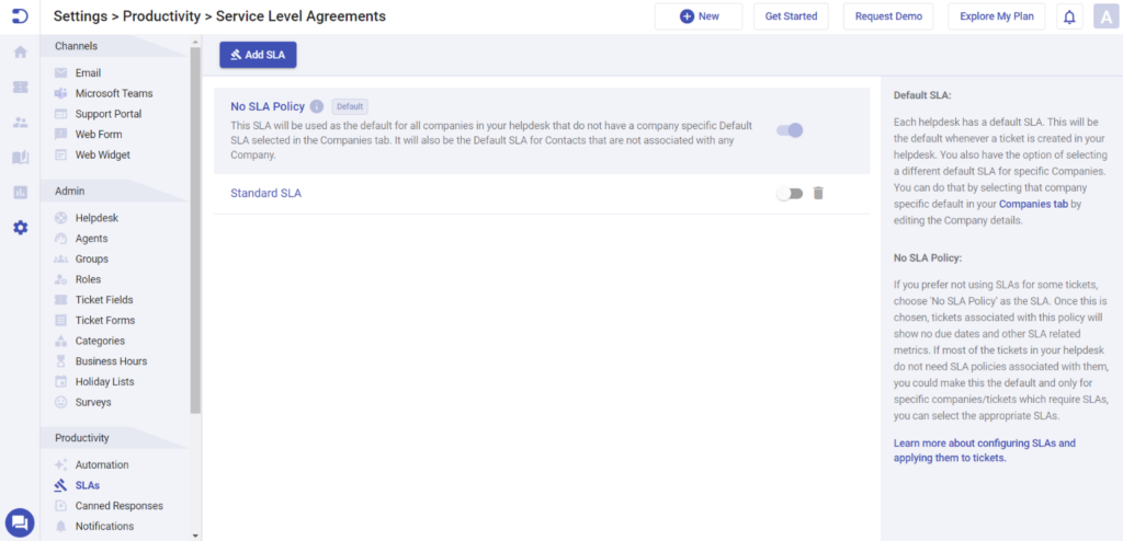 service level agreements tab in Desk365