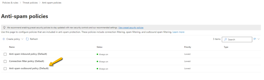 select anti-spam outbound policies