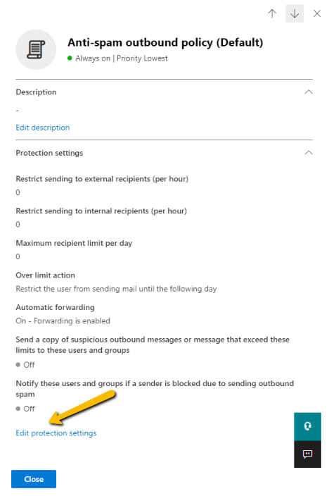 anti-spam outbound policy edit protection settings