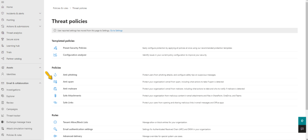 anti-spam policies in Microsoft 365 defender