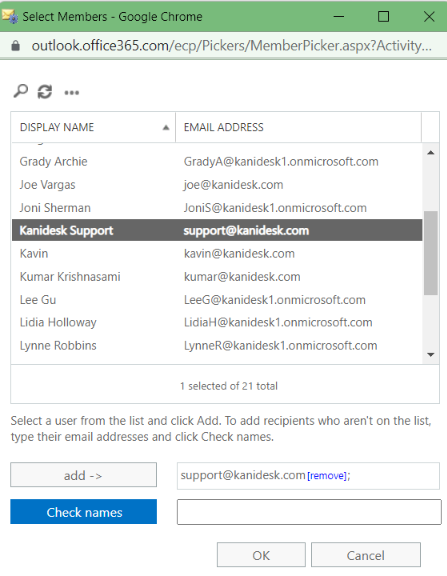 select your company’s support email address in the recipient is dialog box in exchange admin center