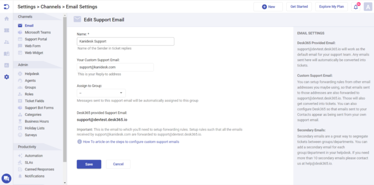 how to set up custom support email address in Desk365