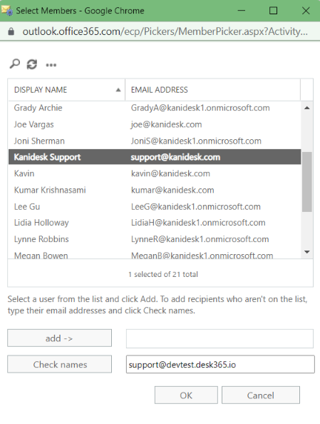 desk365 provided email address in the redirect the message tab
