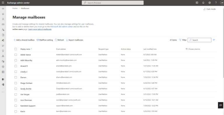 manage mailboxes in exchange admin center