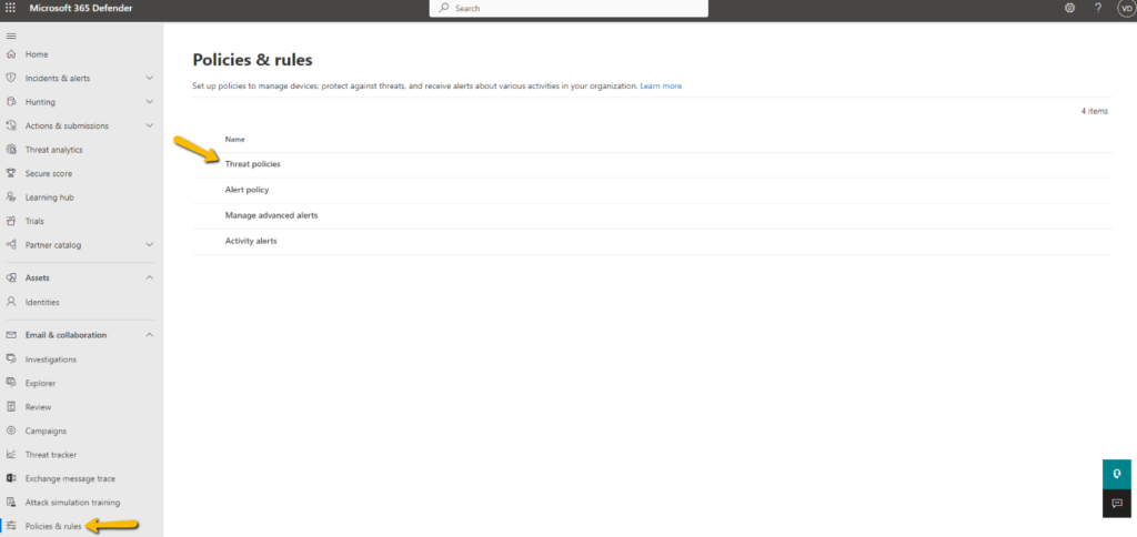 threat policies in Microsoft 365 defender