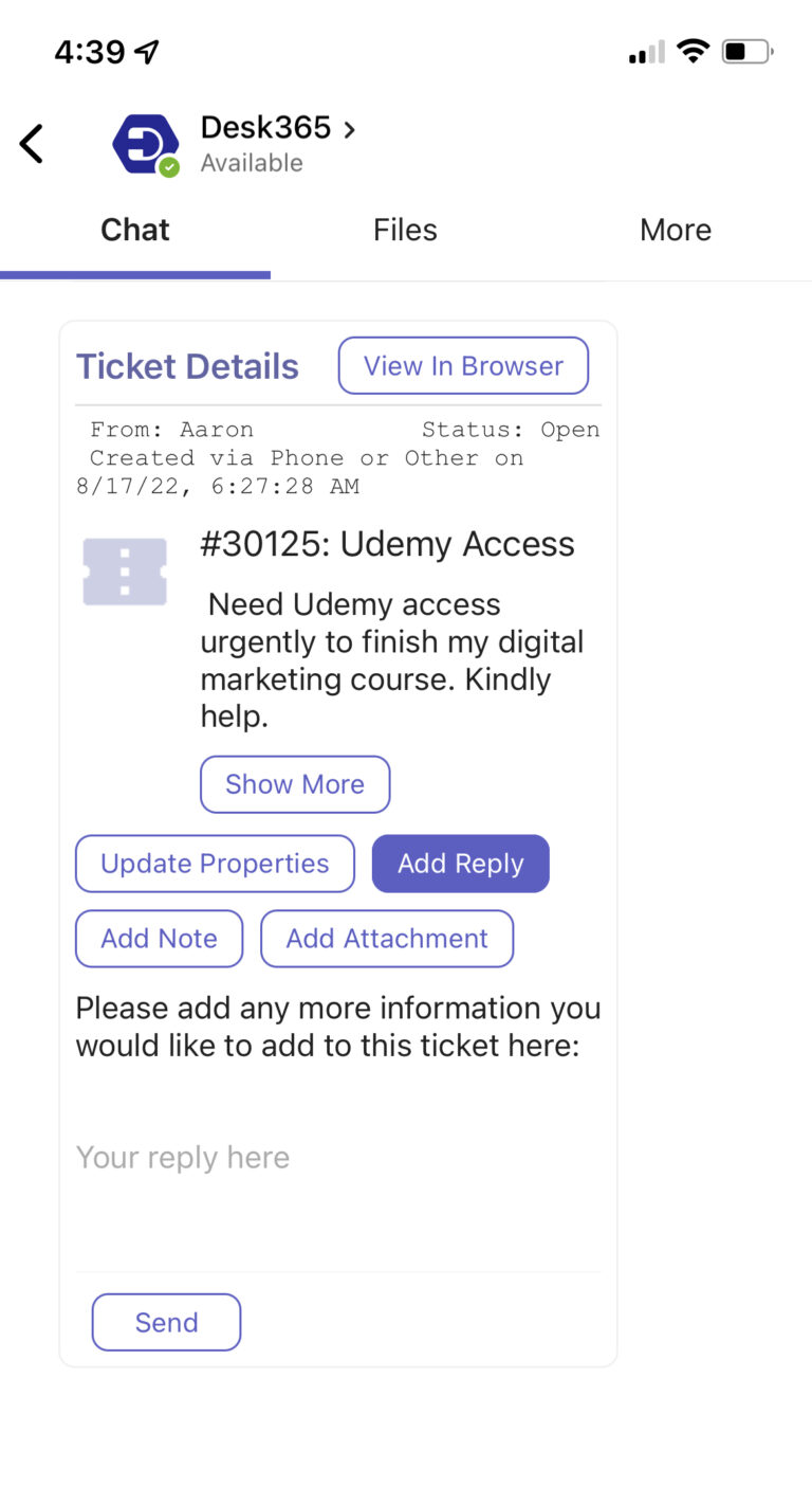 replying to a ticket in Agent Bot in Mobile