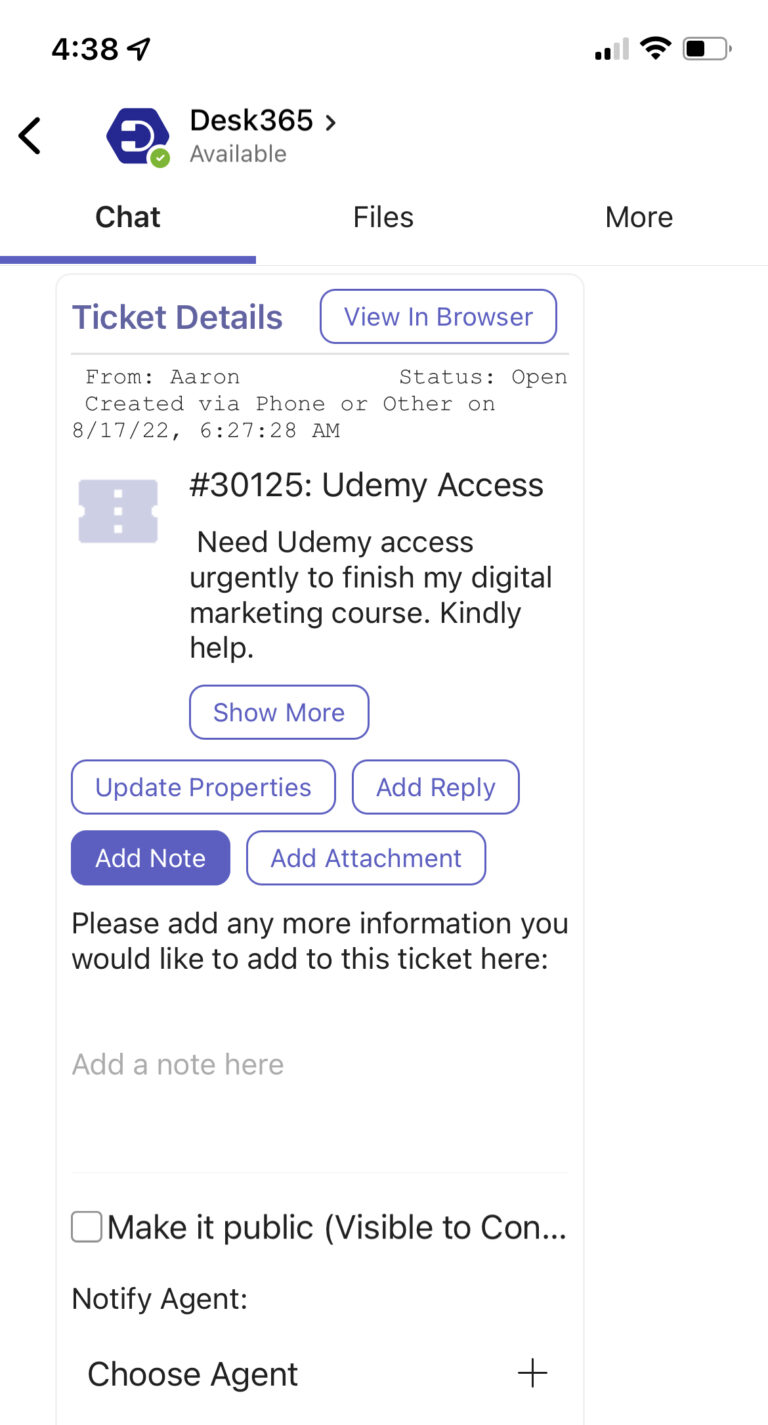 view ticket details in Desk365 agent bot in Teams app in mobile
