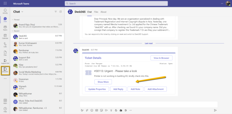 service desk agents can reply to employees directly in Microsoft Teams using Desk365 agent bot