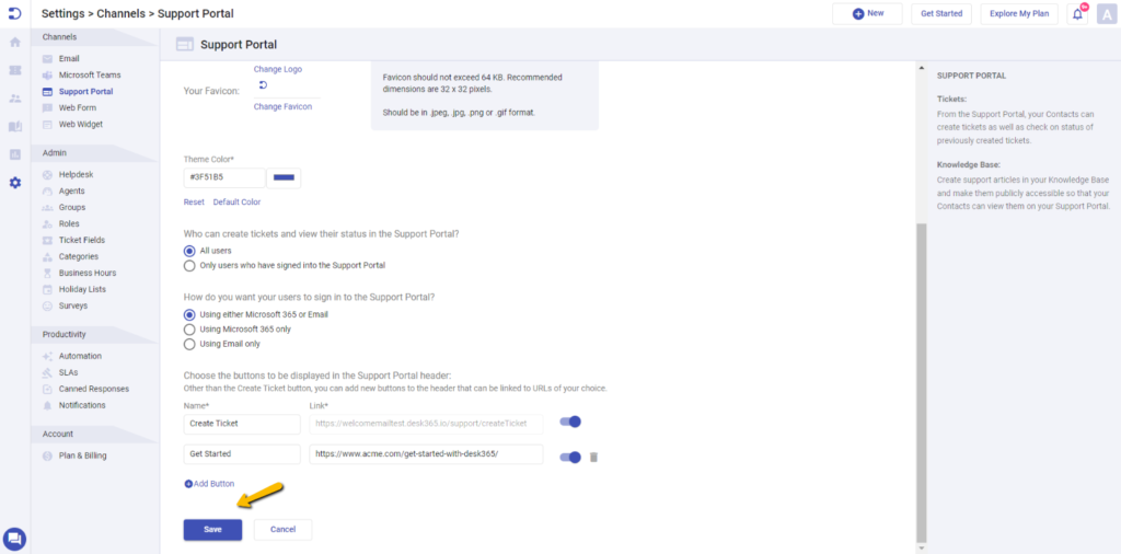 save changes to reflect the changes in support portal