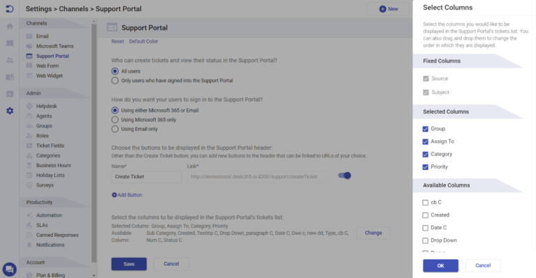 select column choices that you want to appear in the support portal