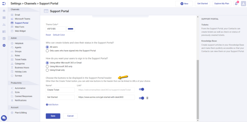 multiple buttons which can be displayed in support portal header
