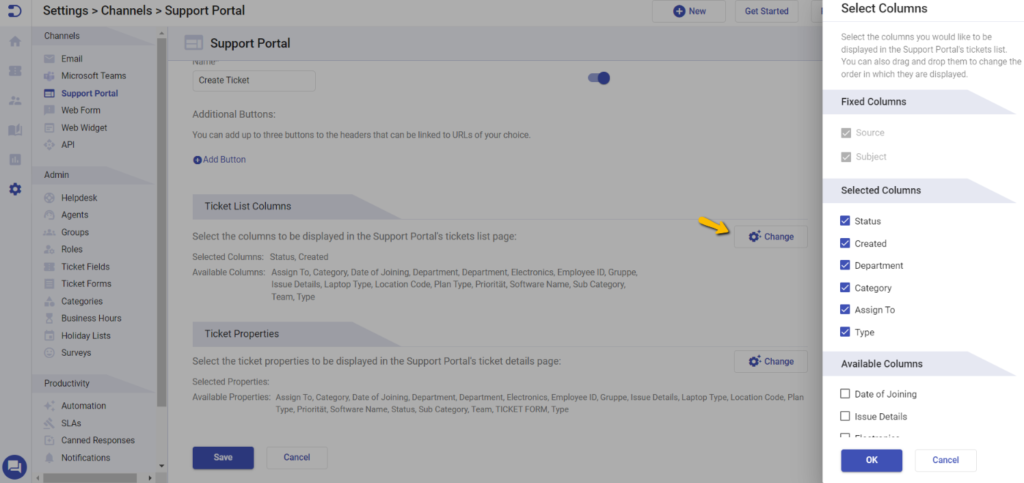ticket list columns in the support portal