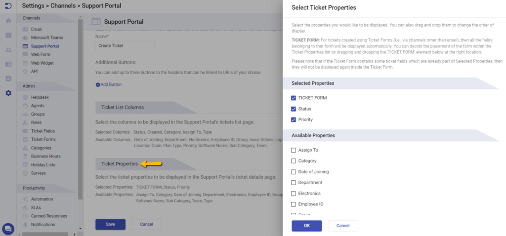 ticket properties dialog box in Desk365