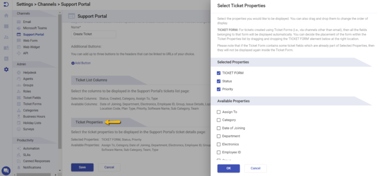 ticket properties dialog box in Desk365