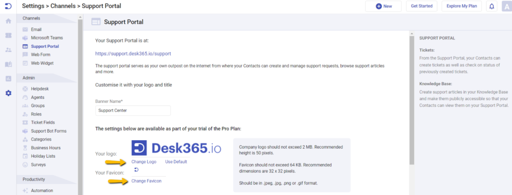 customize the support portal by adding your brand logo and favicon