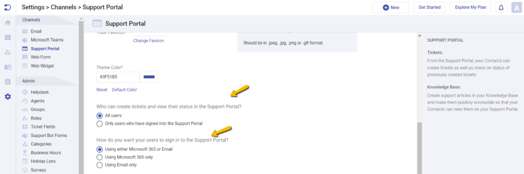 Configure how users can sign into the Support Portal