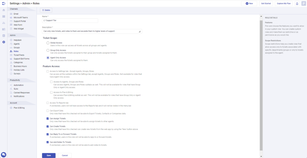 creating a L1 support tier custom role