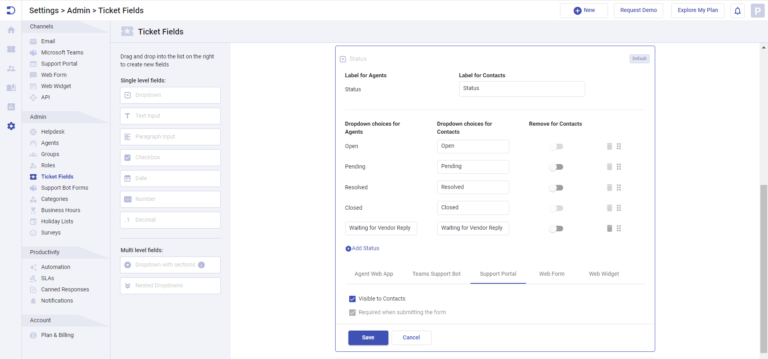 how to customize ticket statuses in Desk365