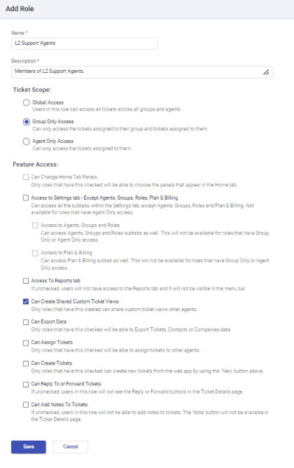 new custom role with shared custom ticket views access