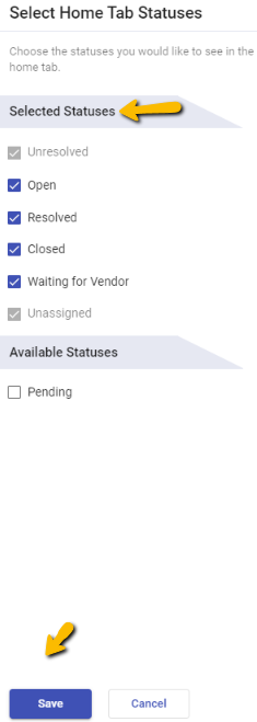 selected statuses appear in the home dashboard