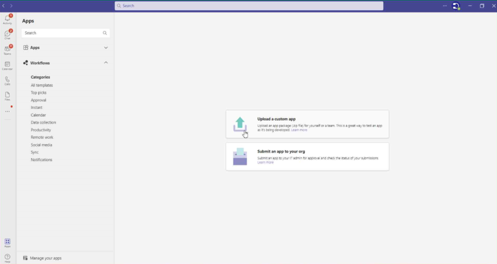 upload a custom app in Microsoft Teams instance