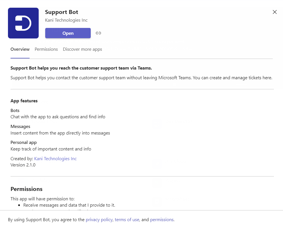 add desk support bot app from Microsoft Teams store