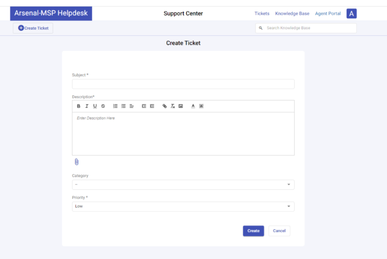 create ticket form in the support portal