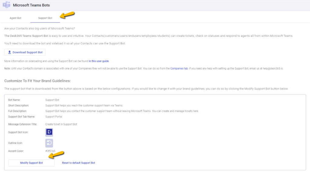 click on the modify support bot button