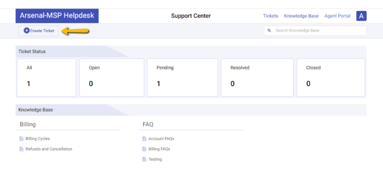 create ticket button in the support portal