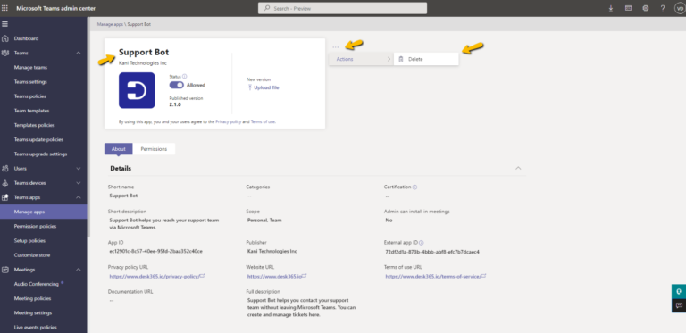 delete the support bot in microsoft teams admin center