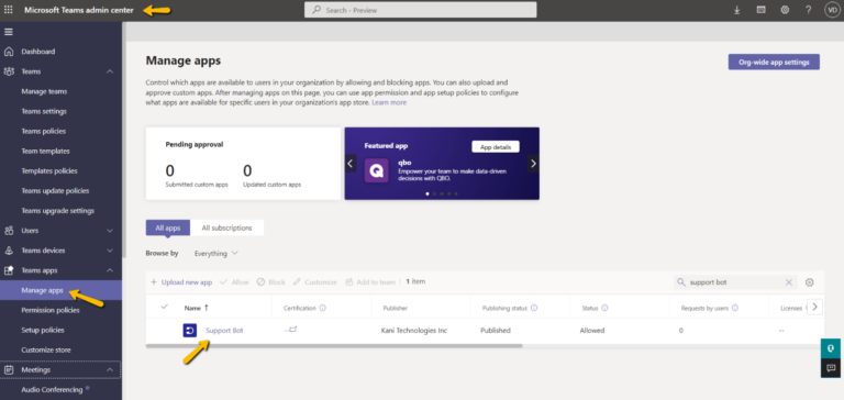 search and find support bot in manage apps section