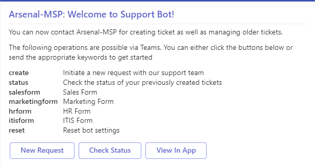 support bot welcome message screen