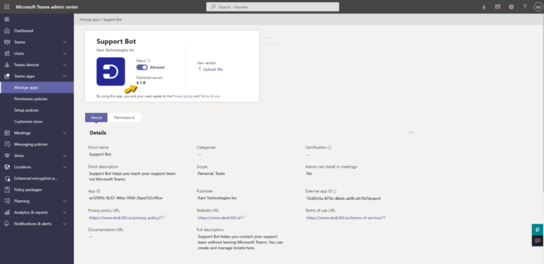 find the support bot version in Manage apps section