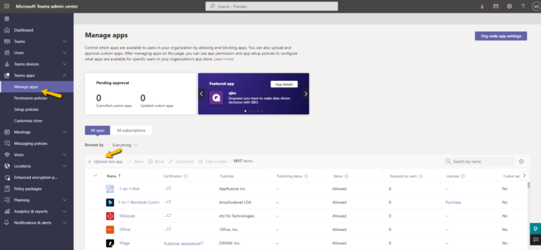 upload a new app in Microsoft Teams admin center